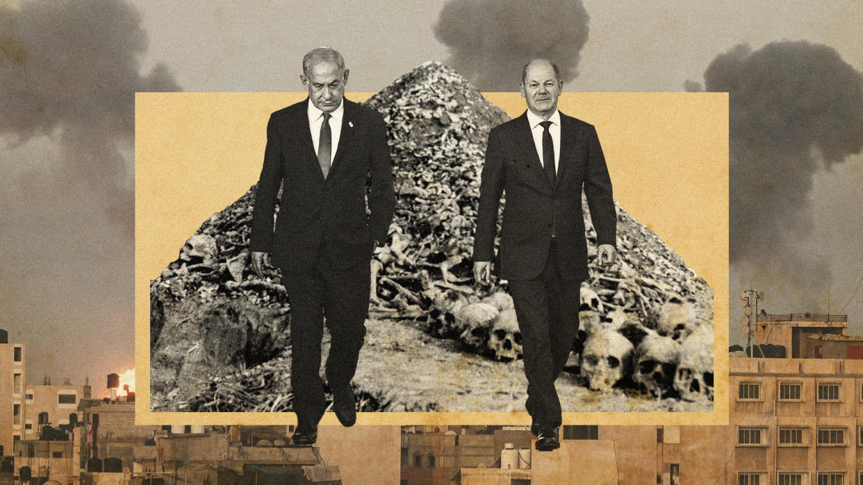  Photo collage of Olaf Scholz and Benjamin Netanyahu walking together. Behind them, there is a historical photo of a pile of human bones retrieved from a Nazi death camp. In the background, there is a photo of Israeli bombardment of Gaza city. 