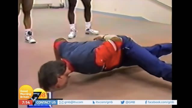 Dr Hilary Jones demonstrating his one-armed press-up skills on TV (Credit: ITV’s Good Morning Britain)