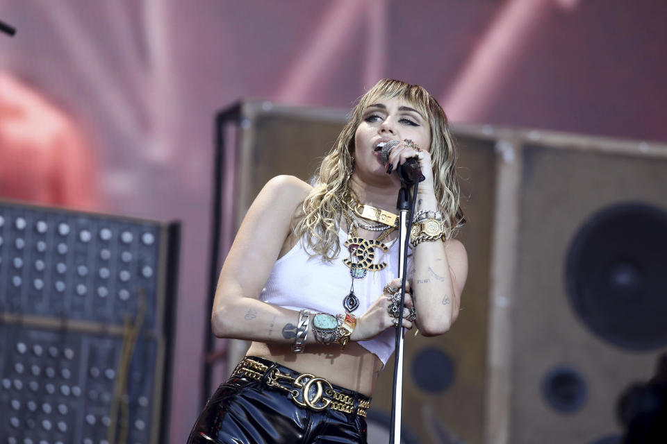 Singer Miley Cyrus performs on the Pyramid Stage on the final day of the Glastonbury Festival at Worthy Farm, Somerset, England, Sunday, June 30, 2019. (Photo by Grant Pollard/Invision/AP)