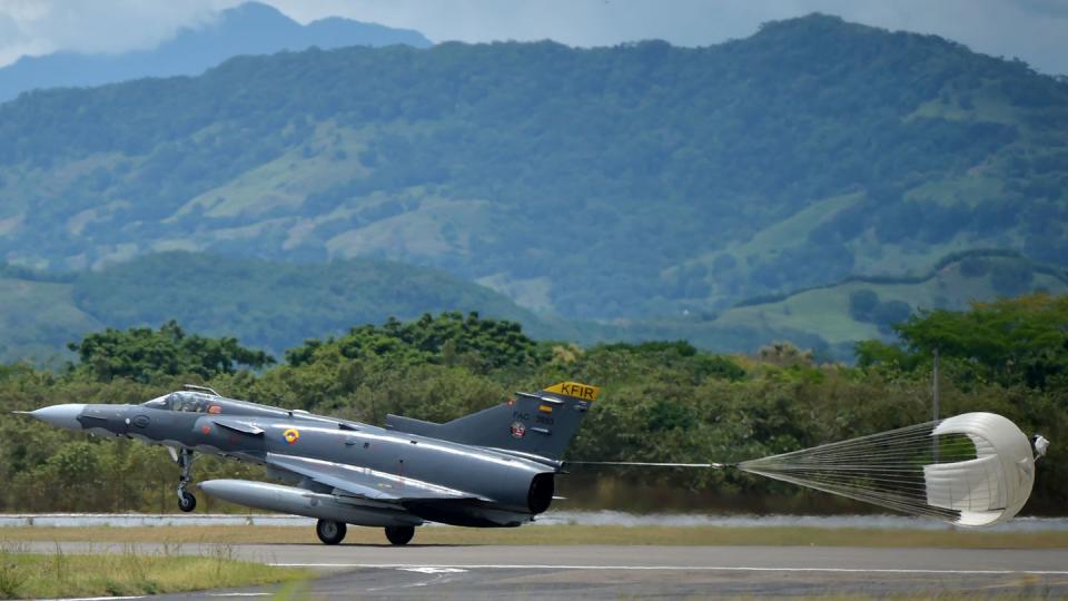 A Kfir combat aircraft lands at Combat Air Command Base in Puerto Salgar, Colombia, on July 20, 2020. (Raul Arboleda/AFP via Getty Images)