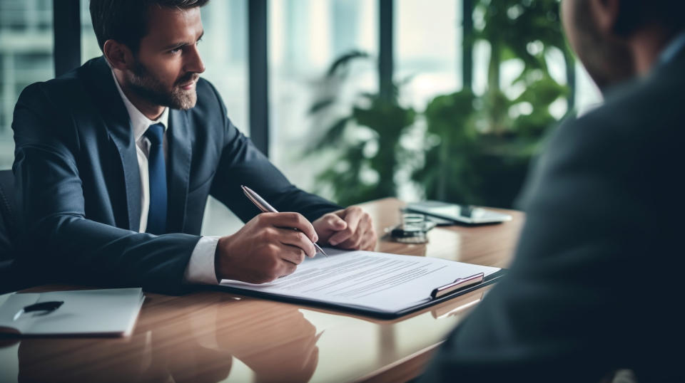 An insurance agent sitting across a desk from a client reviewing their policy.