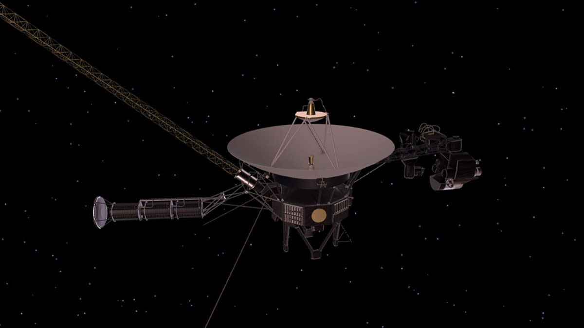  Artwork of voyager 1 spacecraft in black space background. 