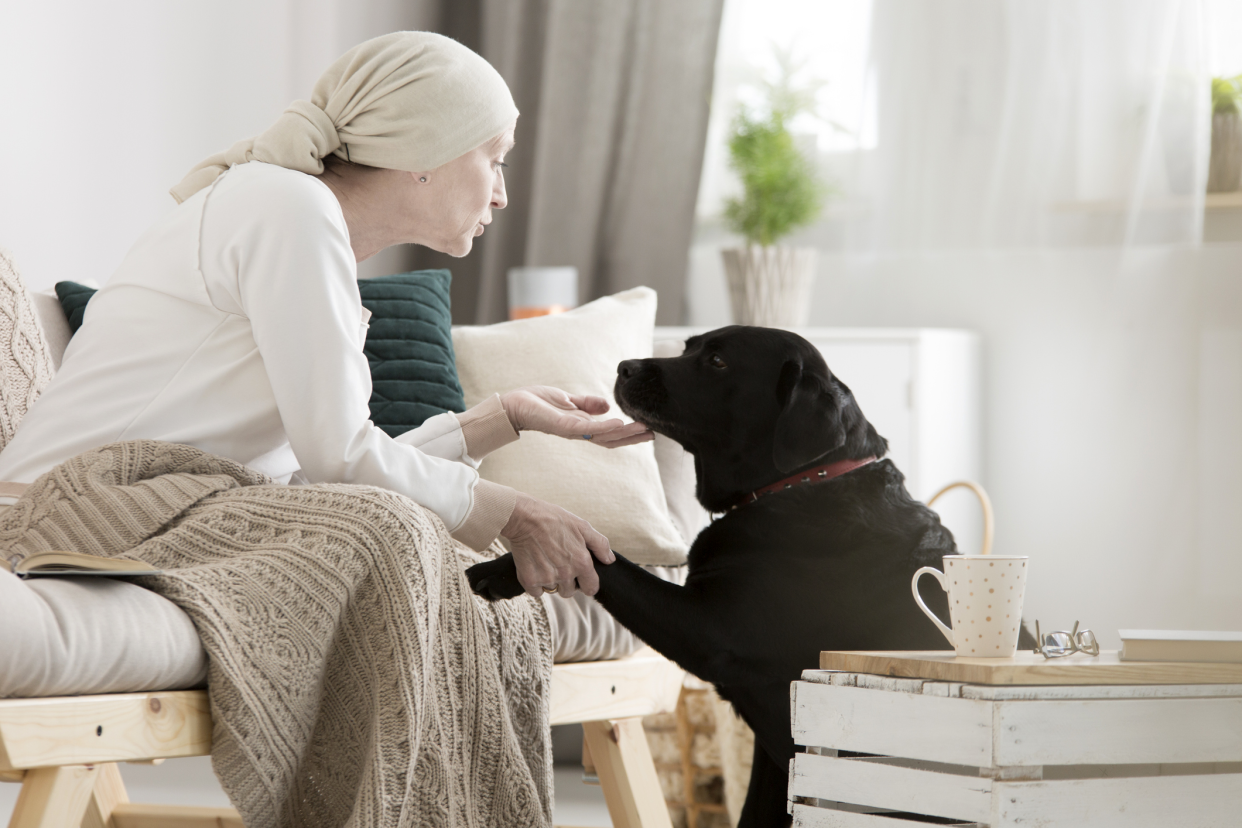 Tumor patient caressing her dog while on a pet therapy