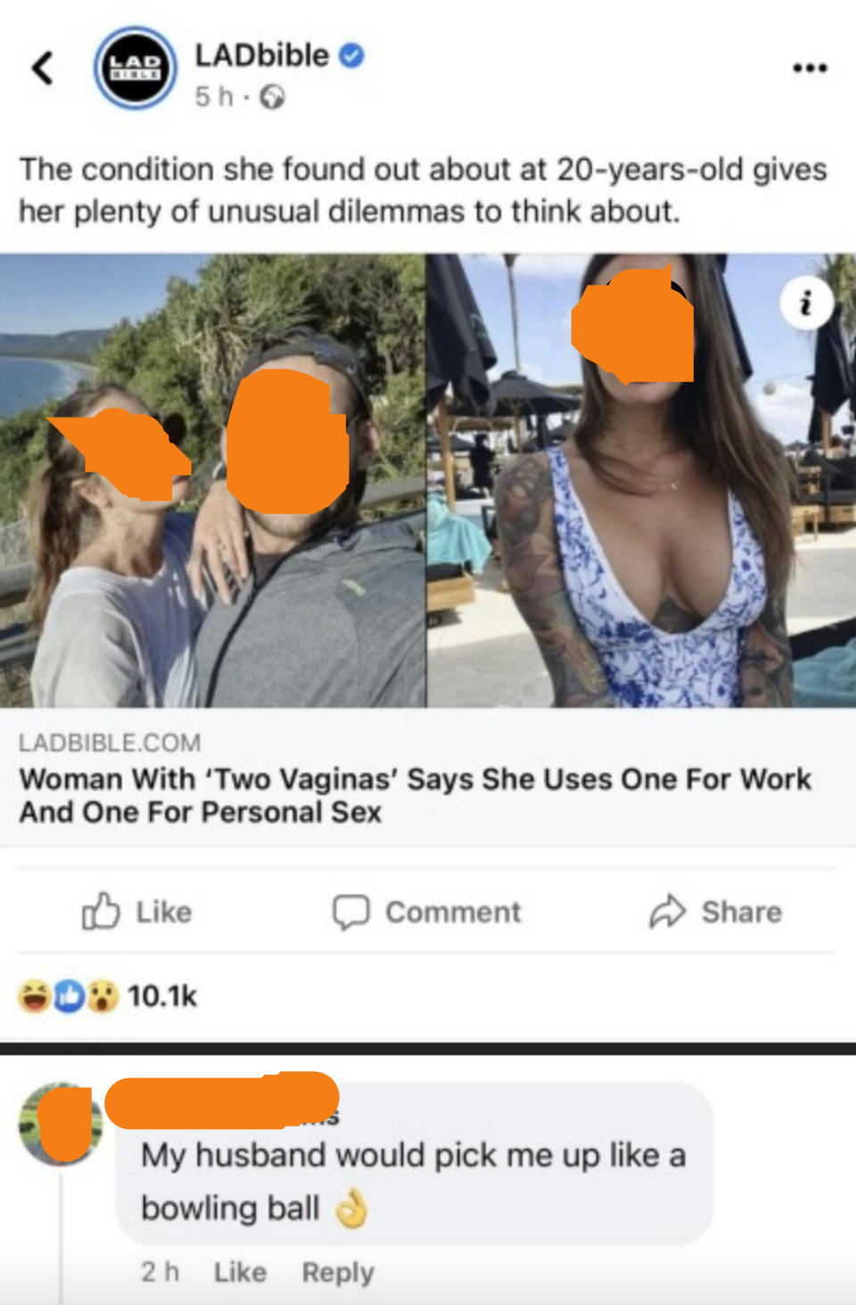 Woman who has two vaginas says she uses one for work and one for personal sex, and a person comments that their husband would pick them up like a bowling ball