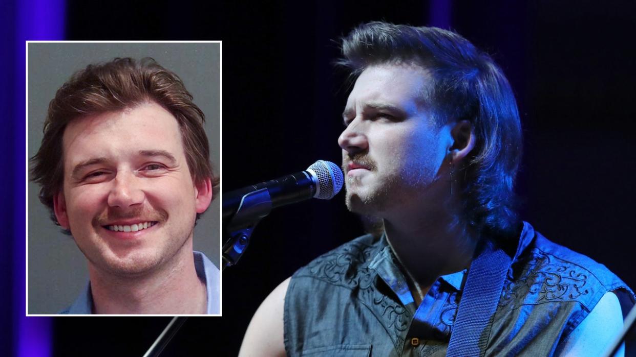 Singer Morgan Wallen wears cut-off shirt on stage, mugshot from Nashville arrest.