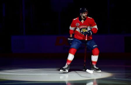 FILE PHOTO: Nov 11, 2018; Sunrise, FL, USA; Florida Panthers defenseman Aaron Ekblad (5) is introduced before a game against the Ottawa Senators at BB&T Center. Steve Mitchell-USA TODAY Sports