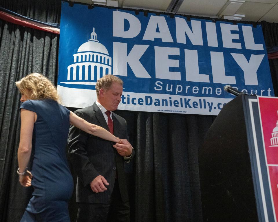 Daniel Kelly is introduced by State Supreme Court Justice Rebecca Bradley to concede the race to Janet Protasiewicz during an election night gathering Tuesday at the Heidel House Hotel & Conference Center in Green Lake. Kelly said he didn't respect Protasiewicz, calling her "a serial liar."