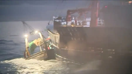 French and British fishing boats collide during scrap in English Channel over scallop fishing rights, August 28, 2018 in this still image taken from a video. France 3 Caen/via REUTERS