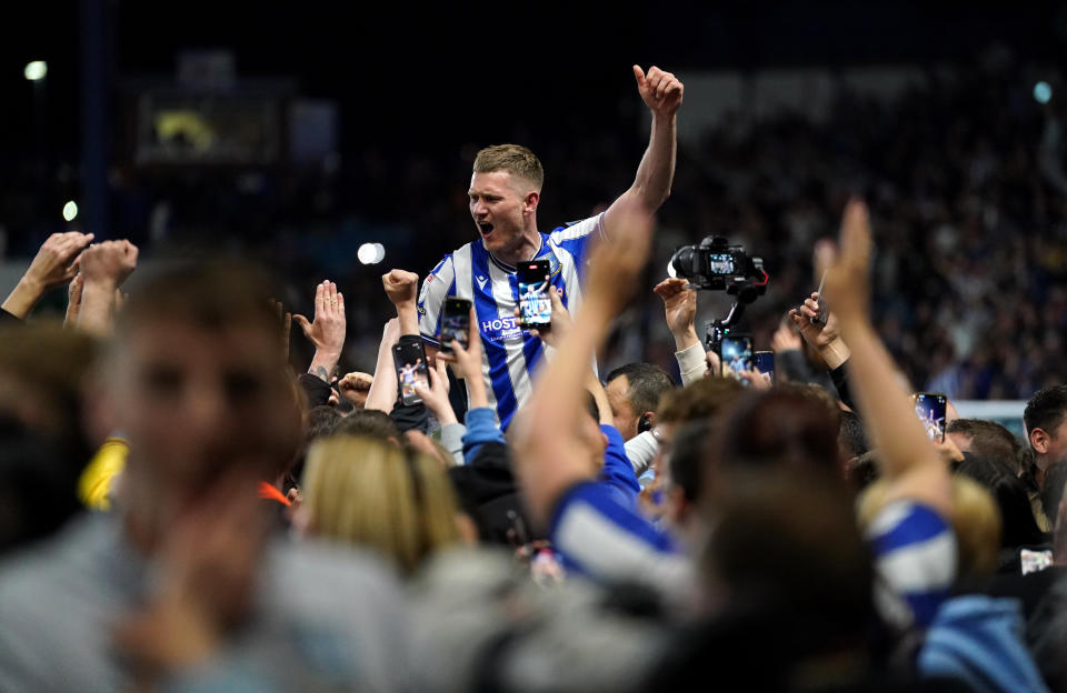 Sheffield Wednesday&#x002019;s Michael Smith celebrates with fans after the Sky Bet League One play-off semi-final second leg match