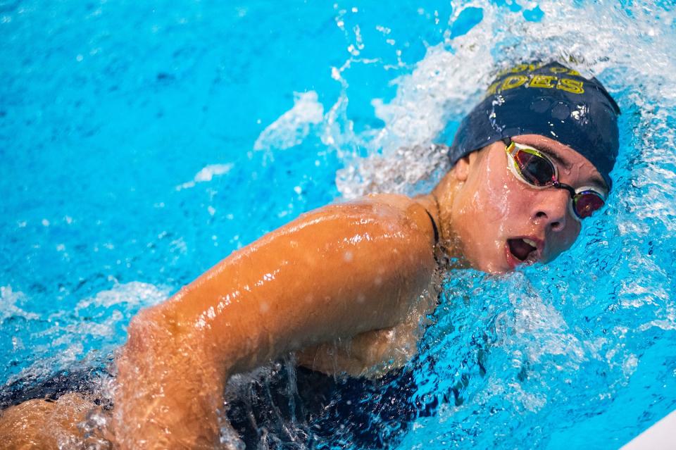 Lourdes' Nora Bubel competes in the 200 meter freestyle race during the Kingston and Our Lady of Lourdes girls swim meet at Kingston High School in Kingston, NY on Tuesday, October 10, 2023. KELLY MARSH/FOR THE POUGHKEEPSIE JOURNAL