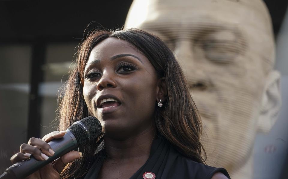 FILE - New York Councilwoman Farah Louis speaks during a celebration ceremony for the refurbished George Floyd statue, after it was vandalized following its Juneteenth installation, July 22, 2021, in the Brooklyn borough of New York. (AP Photo/Bebeto Matthews, File)