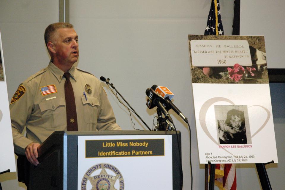 Yavapai County sheriff's Lt. Tom Boelts speaks about the identification of a little girl dubbed "Little Miss Nobody," during a news conference in Prescott on March 15, 2022.