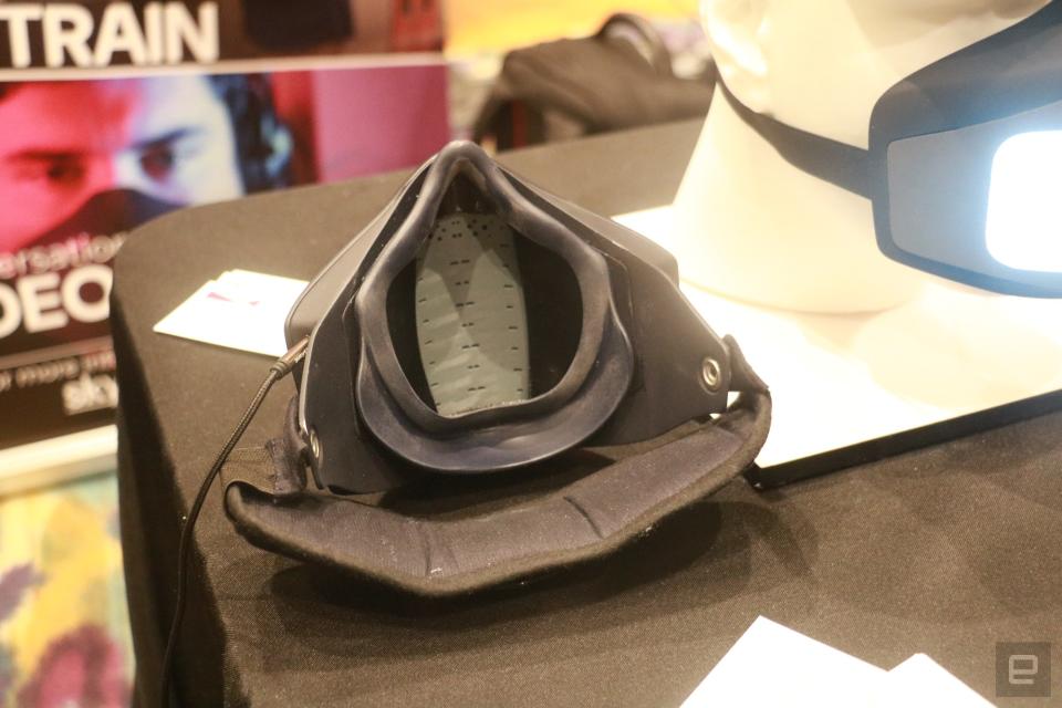 The inside of the Skyted Mask sitting on a black table.