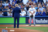 <p>Former Los Angeles Dodgers broadcaster Vin Scully speaks to former Los Angeles Dodgers player Steve Yeager before game two of the 2017 World Series between the Houston Astros and the Los Angeles Dodgers at Dodger Stadium on October 25, 2017 in Los Angeles, California. (Photo by Ezra Shaw/Getty Images) </p>