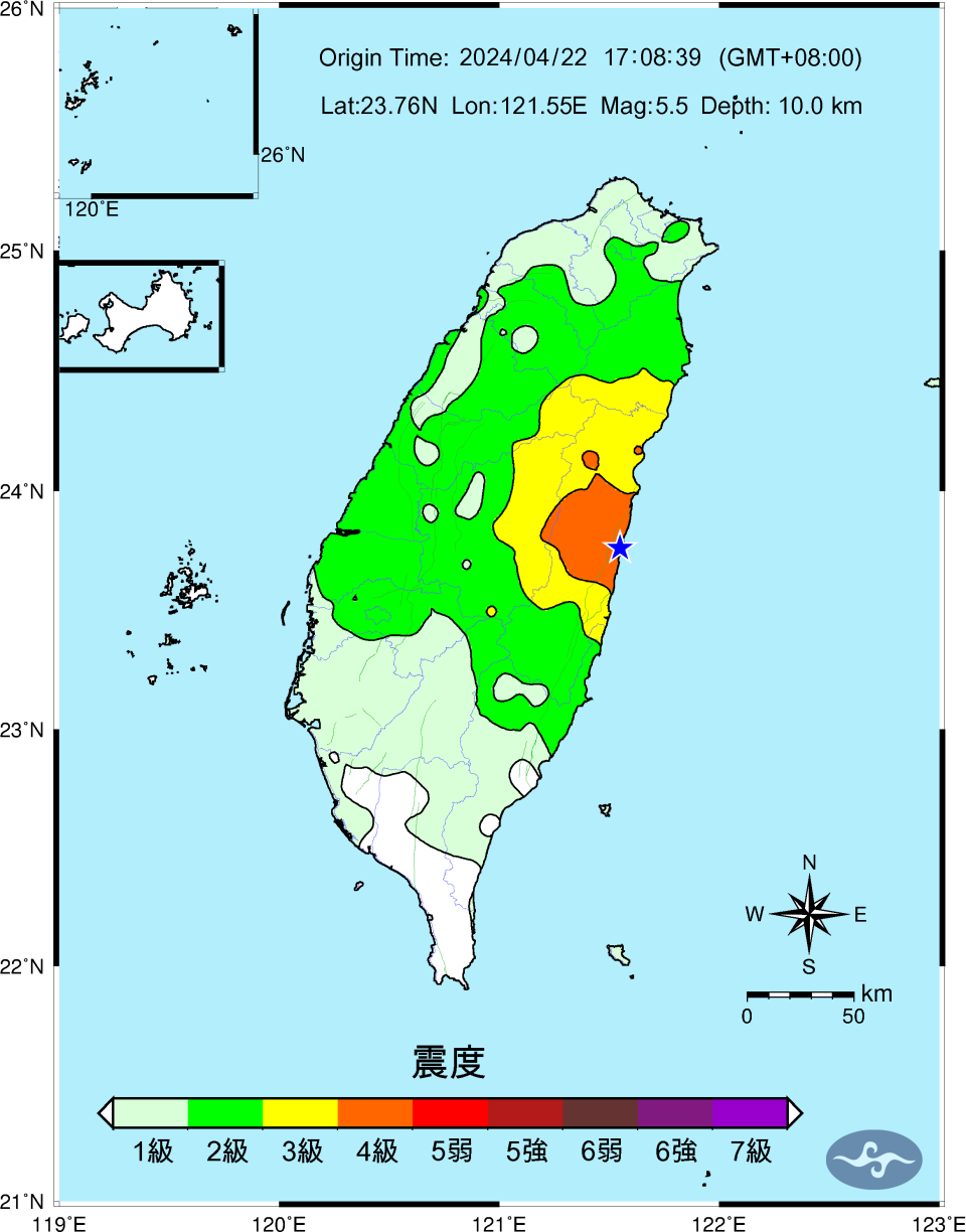 17:08花蓮發生規模5.5地震，最大震度4級，圖為各地震度。取自中央氣象署官網