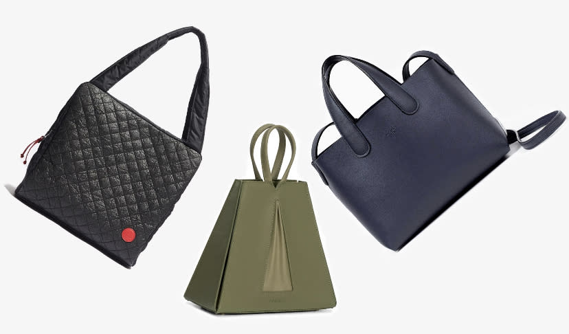 From left: Able Made’s Kazeem hobo, Noiranca’s Grace bag, Angela Roi’s Cacta small tote. (Products not to scale) - Credit: WWD