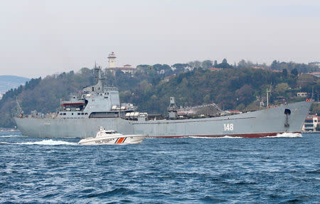 The Russian Navy's large landing ship Orsk sails in the Bosphorus, on its way to the Mediterranean Sea, in Istanbul, Turkey April 15, 2018. Picture taken April 15, 2018. REUTERS/Yoruk Isik