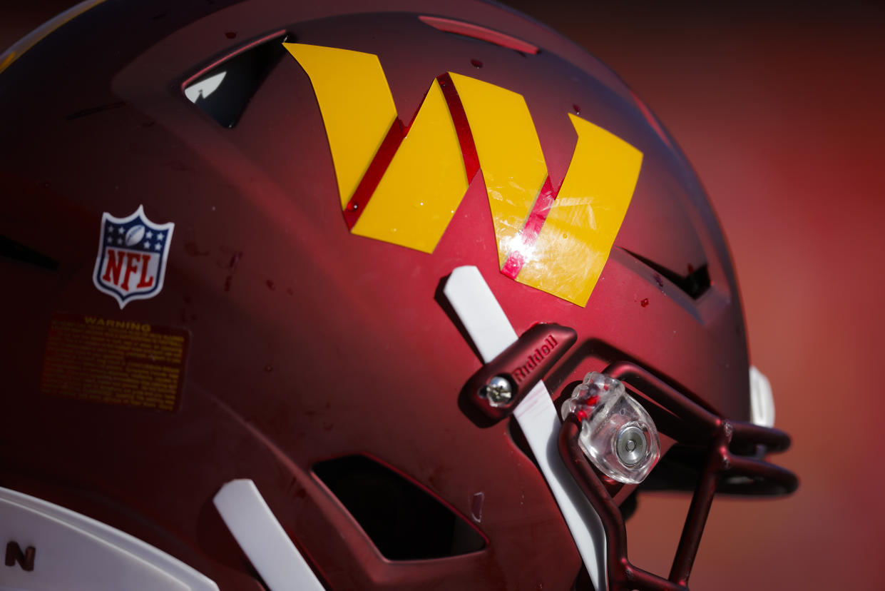 KANSAS CITY, MO - AUGUST 20: The gold Washington Commanders helmet logo on the burgundy helmet, worn by Willie Beavers #64 of the Washington Commanders during the preseason game against the Kansas City Chiefs at Arrowhead Stadium on August 20, 2022 in Kansas City, Missouri. (Photo by David Eulitt/Getty Images)