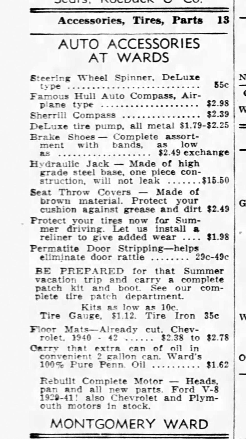 n April 5, 1946 Sheboygan Press classified advertisement touted the many automotive items you could buy at Montgomery Ward.