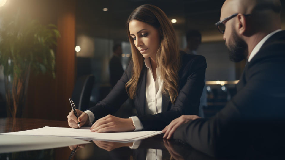 An insurance customer signing papers with an agent in a professional setting.