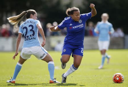 Football Soccer - Chelsea v Manchester City - Women's FA Cup Semi Final - Wheatsheaf Park - 17/4/16 Chelsea's Drew Spence and Man City's Abi McManus in action Mandatory Credit: Action Images / Paul Childs Livepic EDITORIAL USE ONLY