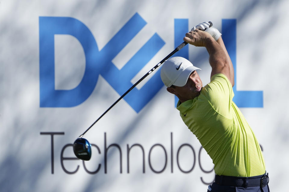 Rory McIlroy of Northern Ireland hits off the 15th tee during a second round match at the Dell Technologies Match Play Championship golf tournament Thursday, March 25, 2021, in Austin, Texas. (AP Photo/David J. Phillip)