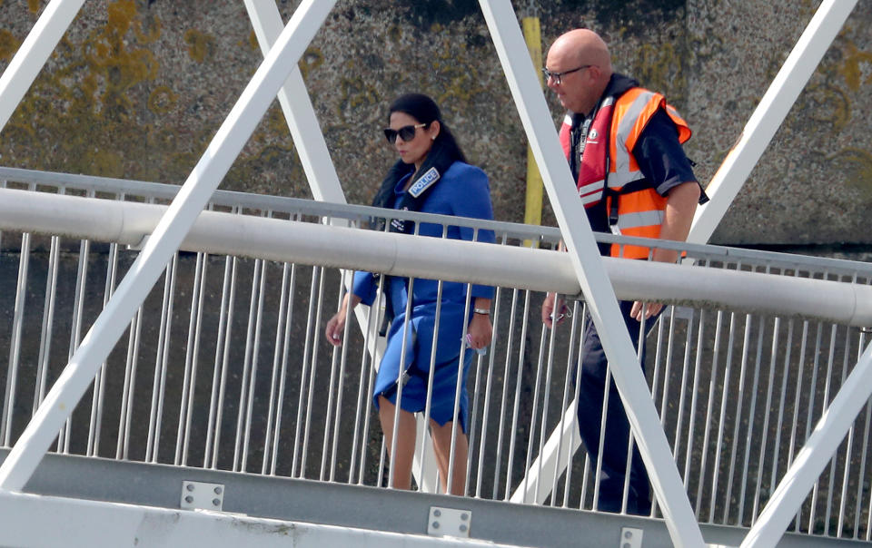 Home Secretary Priti Patel in Dover, the day after she appointed Dan OÕMahoney as the Clandestine Channel Threat Commander - a new role leading the UKÕs response to tackling illegal attempts to reach the UK - who will be tasked with making the route unviable for small boat crossings. (Photo by Gareth Fuller/PA Images via Getty Images)