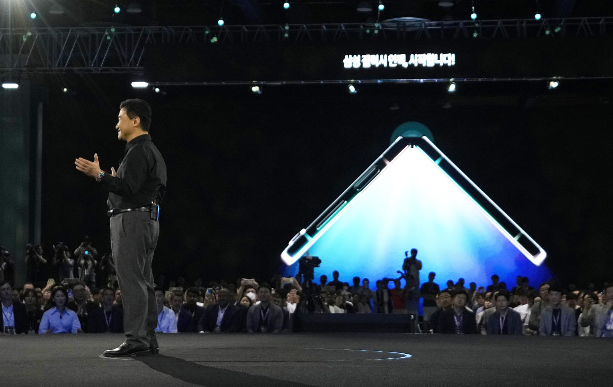 TM Roh, president and head of Samsung's mobile experience business, speaks during the Galaxy Unpacked 2023 event at the COEX in Seoul, South Korea, Wednesday, July 26, 2023. Samsung Electronics on Wednesday unveiled two foldable smartphones as it continues to bet on devices with bending screens, a budding market that has yet to fully take off because of high prices. (AP Photo/Ahn Young-joon)