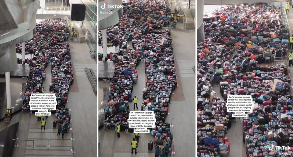 Pictured is the baggage pile seen at Heathrow Airport