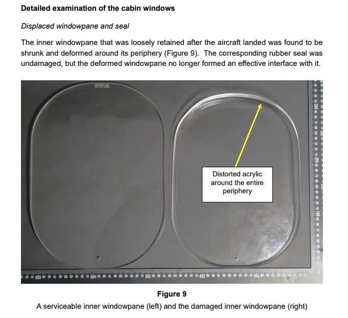 A serviceable inner windowpane (left) and the damaged inner windowpane (right) from the Air Accidents Investigation Branch report