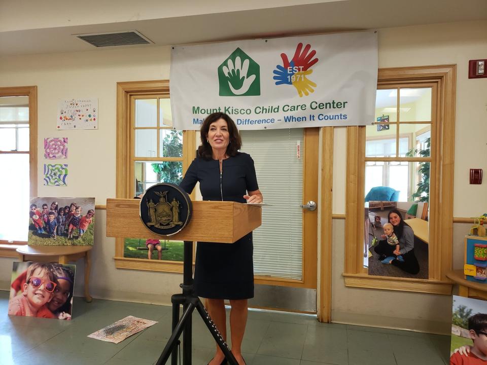 New York Lt. Gov. Kathy Hochul announces that the state will dedicate $88 million in federal CARES Act funding to aid families seeking child care and providers adapting to COVID-19 needs, at Mount Kisco Child Care Center on Thursday, Sept. 10, 2020.
