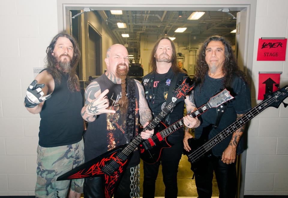 Houston, TX 6/17/18: drummer Paul Bostaph, guitarist Kerry King, guitarist Gary Holt, singer/bassist Tom Araya (from left)