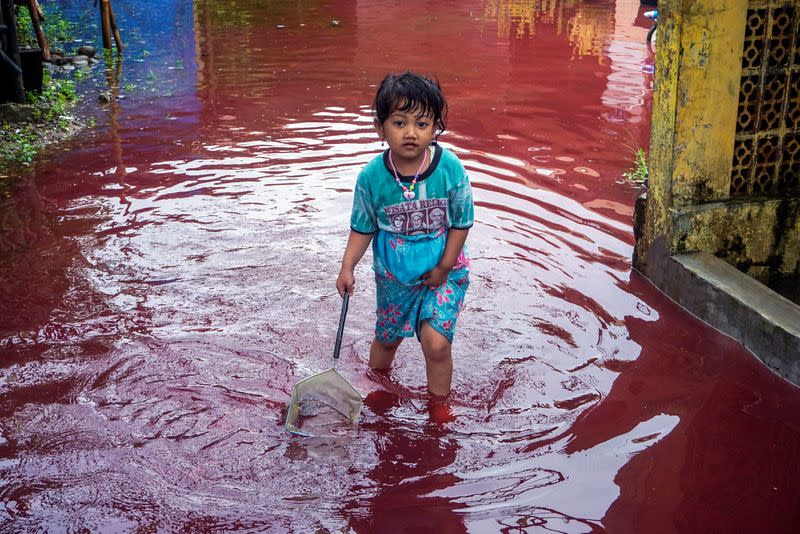 A girl walks through a flooded road in Pekalongan