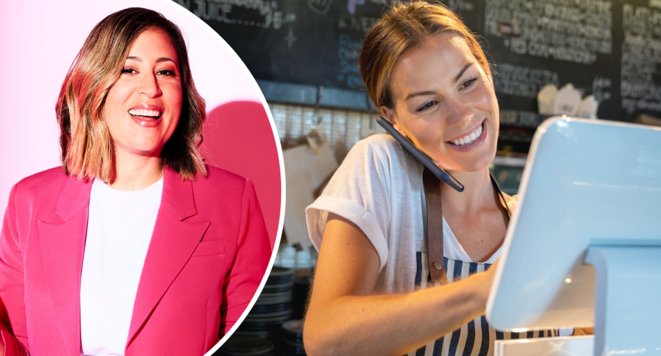 Natalie Lennon with a cafe owner talking on the phone