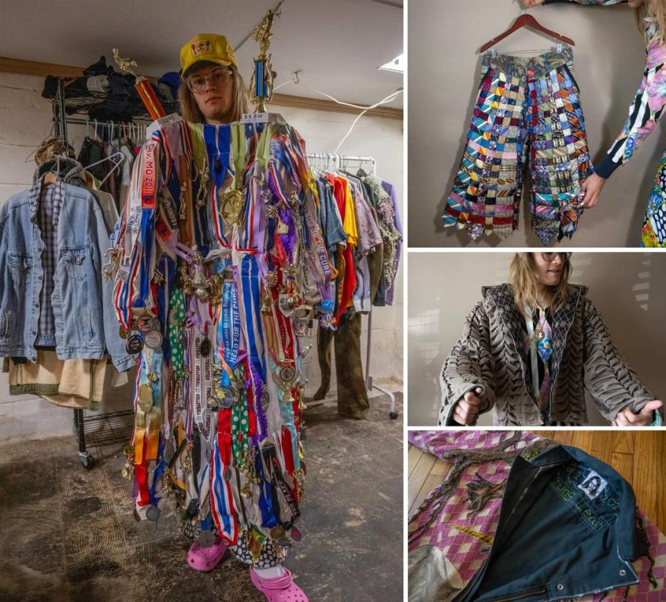 LEFT: Medals on ribbons and trophies make up this creation from Johnson. TOP RIGHT: “Basket Weave Tie Pants” is the name for these pants made from neck ties. MIDDLE RIGHT: Johnson named this design “Smocking Jacket.” BOTTOM RIGHT: A jumpsuit called the “Mystical Forest Jumpsuit” was originally designed for musician Young Lean.