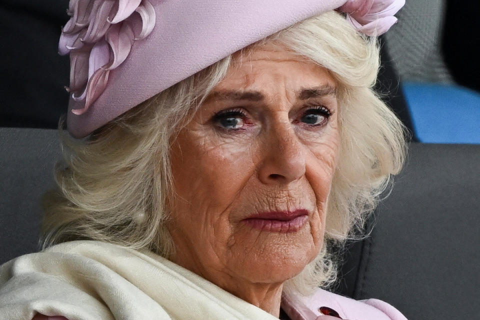 Queen Camilla reacts during the UK's national commemorative event for the 80th anniversary of D-Day, hosted by the Ministry of Defence on Southsea Common on June 5, 2024 in Portsmouth, England. <p>Pool/Getty Images</p>