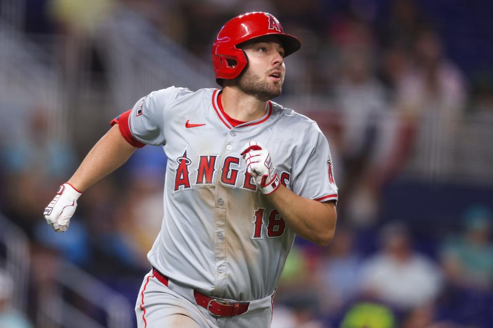 Nolan Schanuel #18 of the Los Angeles Angels watches his home run ball against the Miami Marlins during the sixth inning of the game at loanDepot park on April 01, 2024 in Miami, Florida.