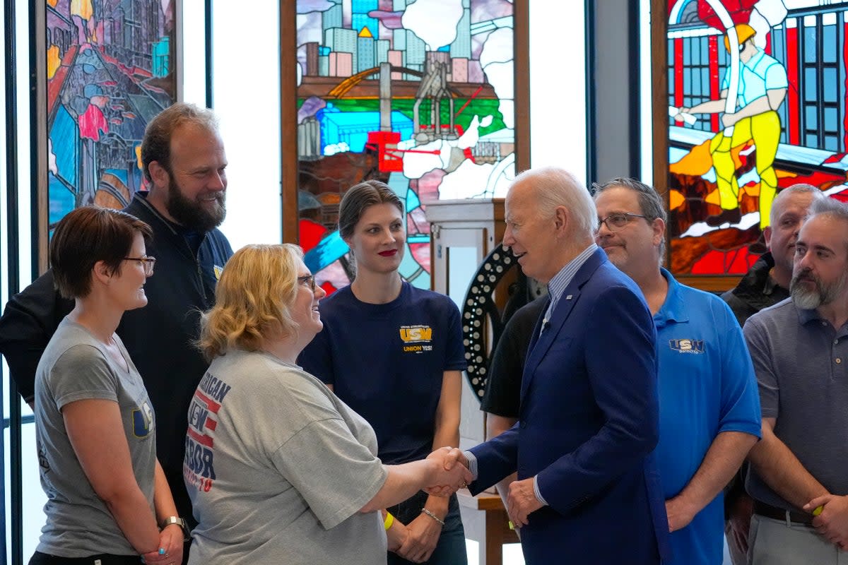 President Joe Biden greeting steelworkers at United Steelworkers Headquarters, Wednesday, 17 April 17, 2024, in Pittsburgh (AP)