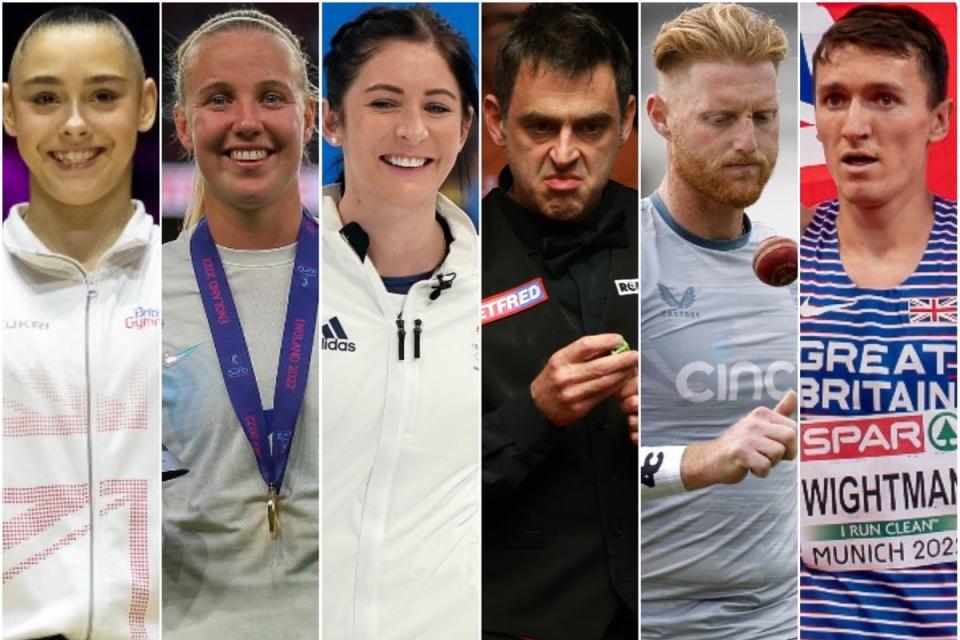 Jessica Gadirova, Beth Mead, Eve Muirhead, Ronnie O’Sullivan, Ben Stokes and Jake Wightman (PA)