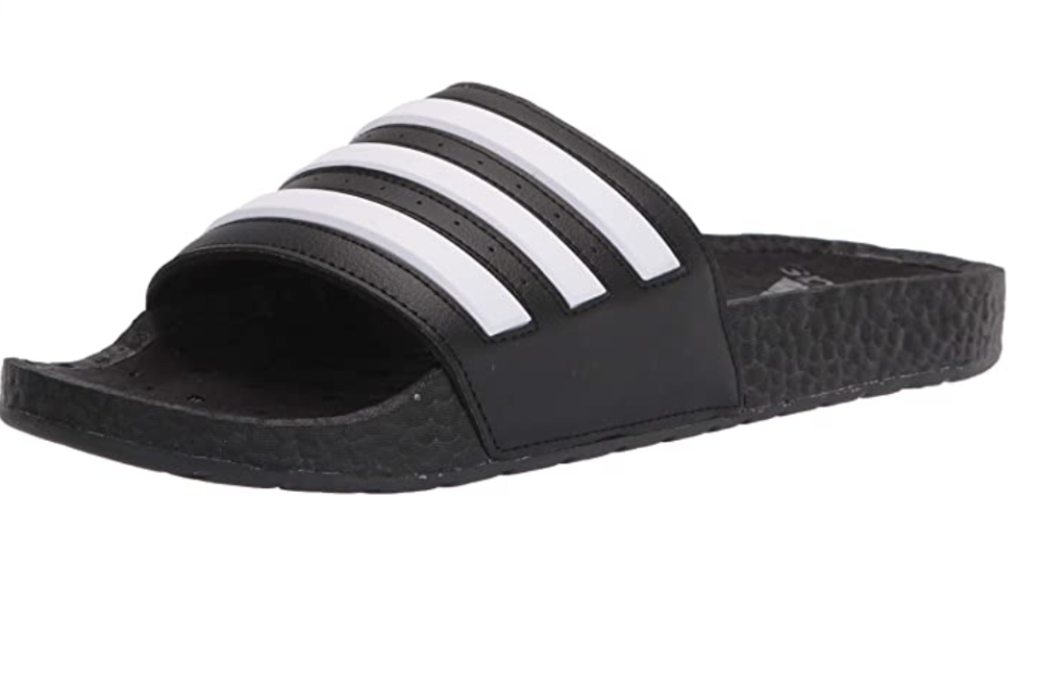 adidas Unisex Adilette Boost Slide Sandal in black and white stripes (Photo via Amazon)