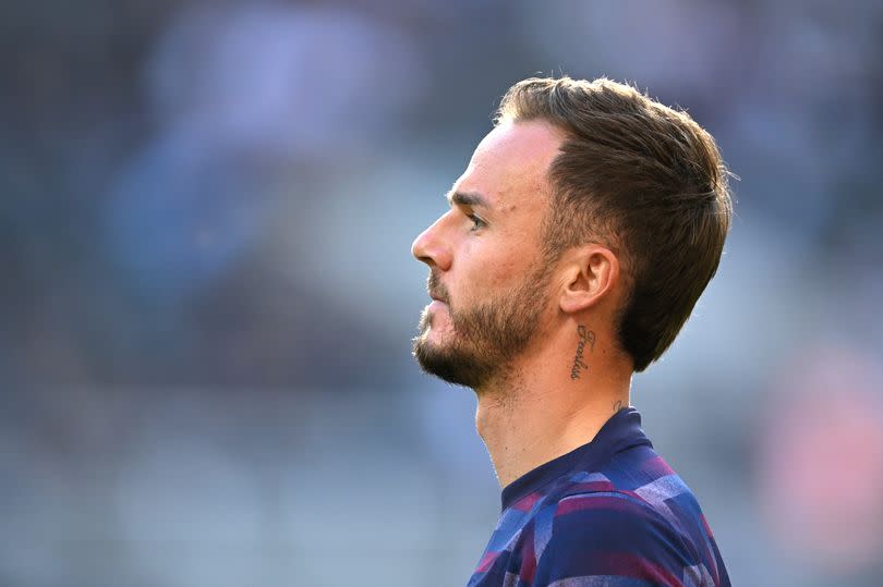 England player  James Maddison looks on during the international friendly match between England and Bosnia & Herzegovina at St James' Park on June 03, 2024 in Newcastle upon Tyne, England.
