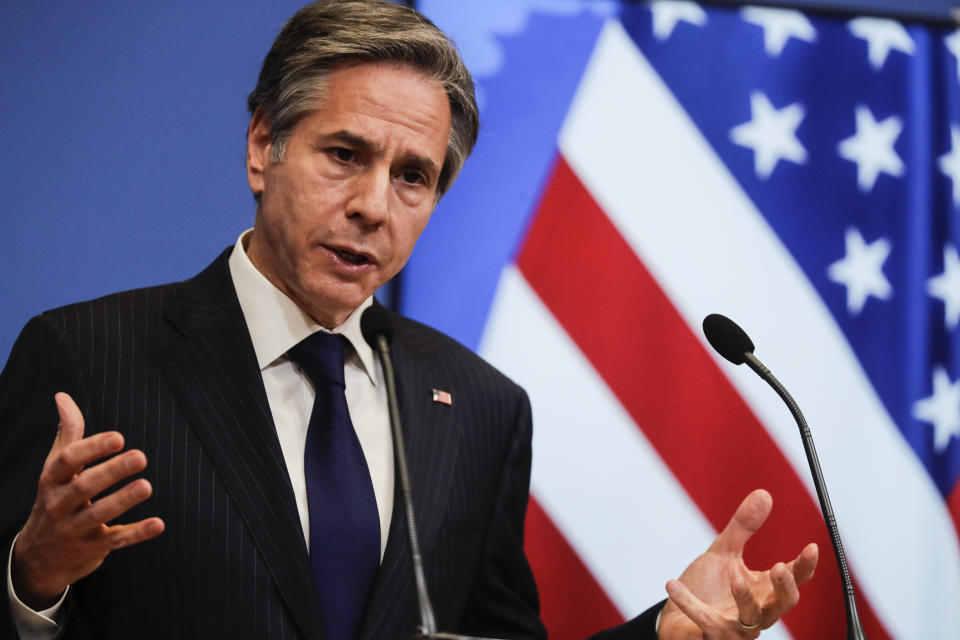 U.S. Secretary of State Antony Blinken speaks during a news conference at the end of a NATO Foreign Affairs Ministers meeting at NATO headquarters in Brussels, Wednesday, March 24, 2021. (Olivier Hoslet,/Pool Photo via AP)