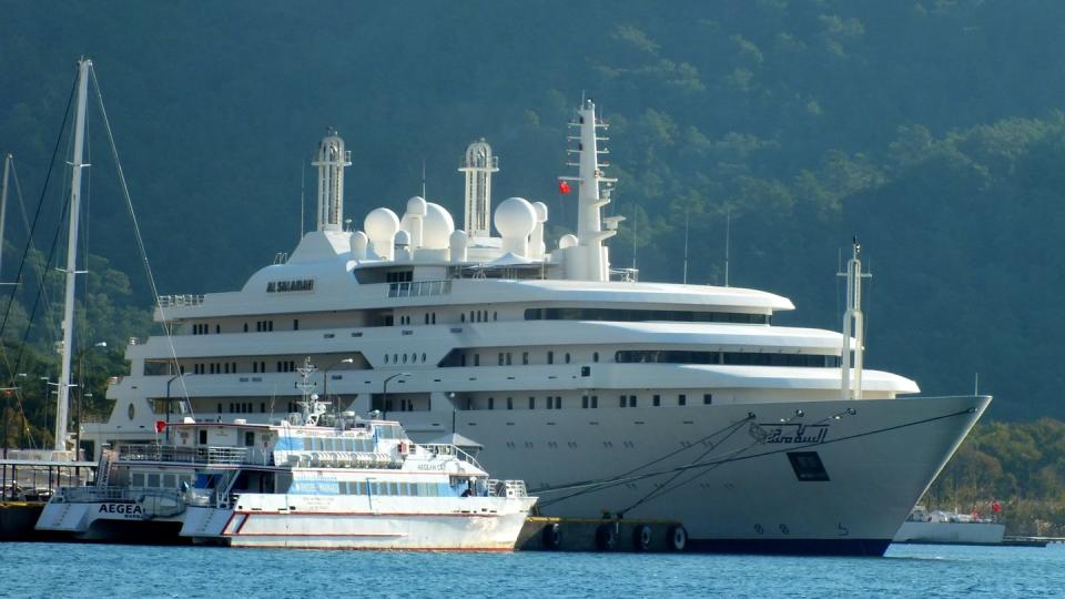 <p>This 457-foot yacht was built by Lurssen in 1999 with exterior and interior design from Terrance Disdale. <em>Al Salamah</em> is equipped to accommodate 40 guests and 96 crew members for the ultimate yachting experience. The boat features a gym, swimming pool and platform, beauty room, elevator, medical suite, and study spaces for both the owners and guests. </p>