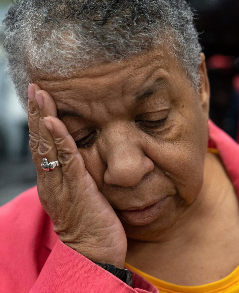 Fishers resident Norma Johnson expresses her sadness and disappointment after Hamilton Southeastern Schools Board meeting for the resignation and acceptance of separation agreement for Superintendent Yvonne Stokes at the Hamilton Southeastern Schools Board meeting Wednesday, Sept. 13, 2023 in the Hamilton Southeastern Schools administration center in Fishers.