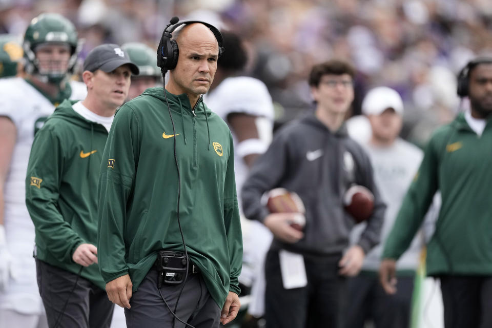 Baylor head coach Dave Aranda watches during the first half of an NCAA college football game against Kansas State Saturday, Nov. 11, 2023, in Manhattan, Kan. (AP Photo/Charlie Riedel)