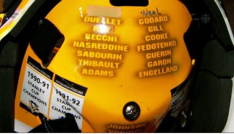 Photo of Marc-Andre Fleury's helmet from NBC's broadcast. 