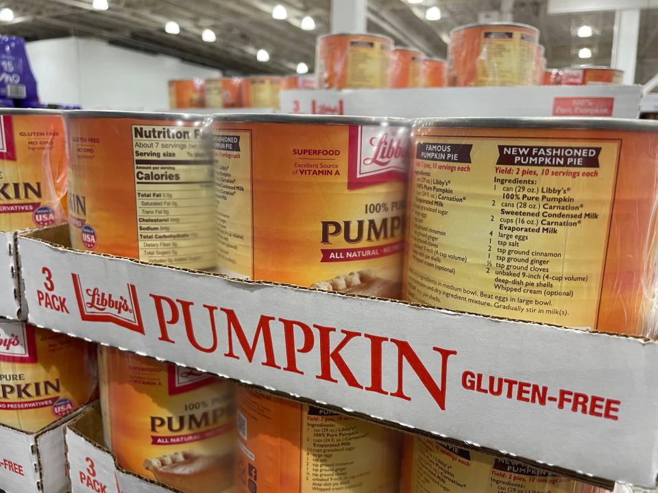 orange cans of Libby's canned pumpkin at Costco