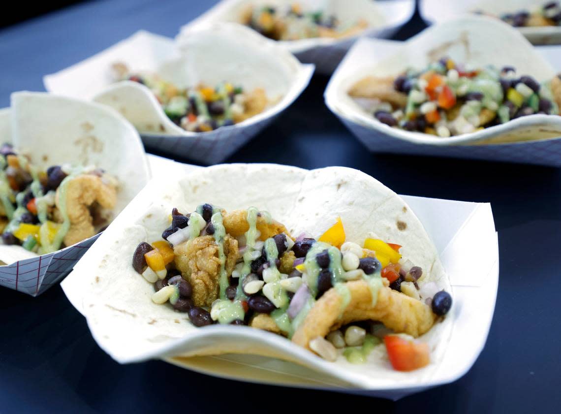 Fried North Carolina flounder tacos from Waypoint Oyster Bar are photographed at a media event prior to the opening of the North Carolina State Fair on Monday, Oct. 10, 2022, at Dorton Arena in Raleigh, N.C.