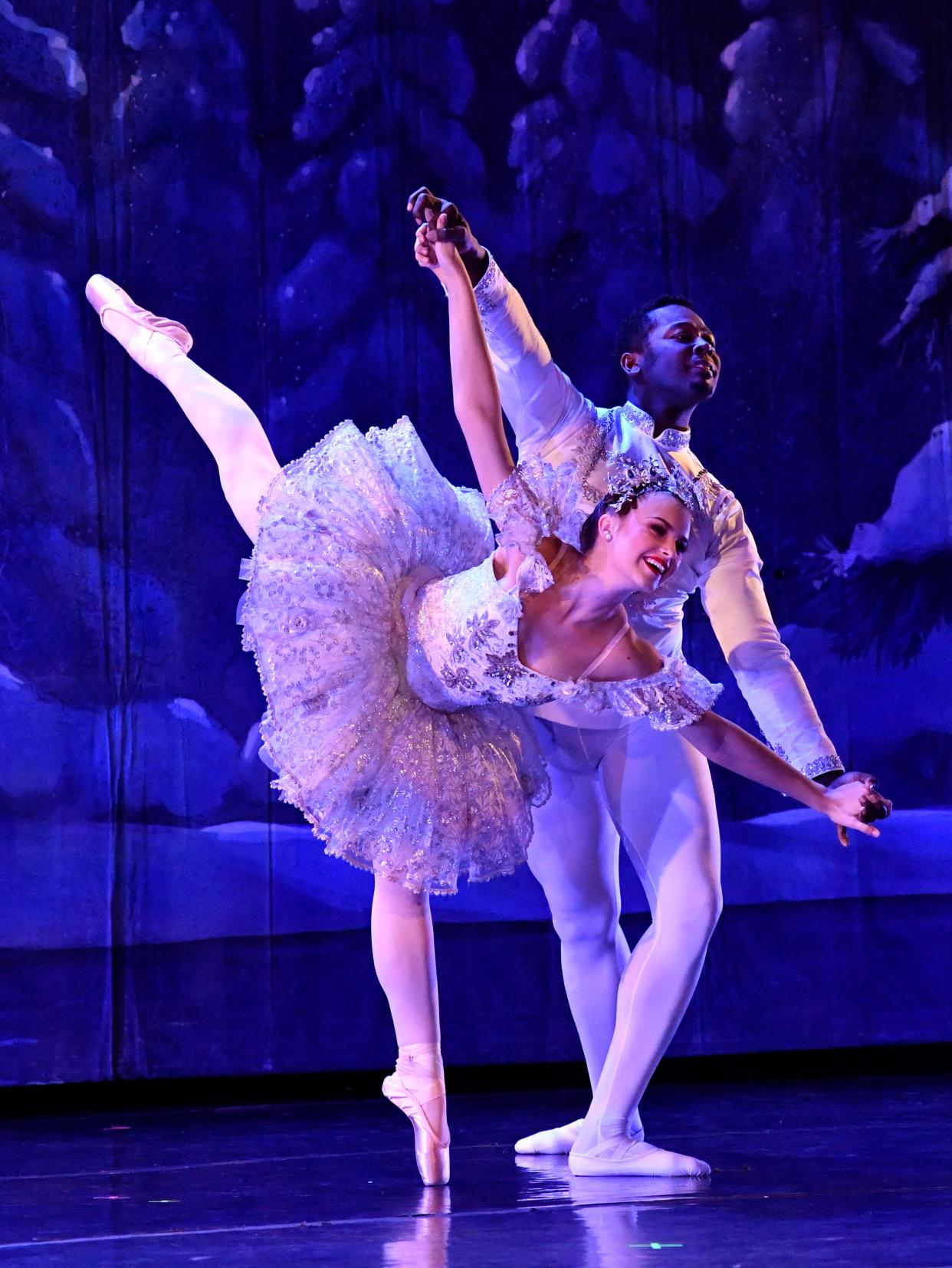 Katelyn Beard and Shannon Beacham dance as the Snow Queen and King in the Snow Scene of a 2018 performance of "The Nutcracker" for schoolchildren at the Paramount Theatre.
