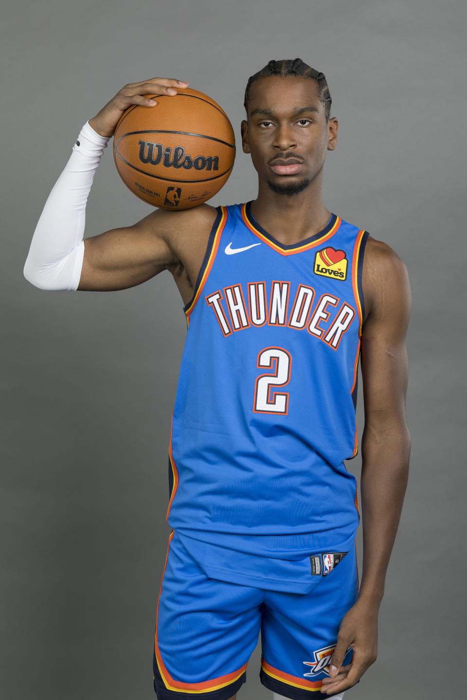 Oct 2, 2023; Oklahoma City, OK, USA; Oklahoma City Thunder guard <a class="link " href="https://sports.yahoo.com/nba/players/6022" data-i13n="sec:content-canvas;subsec:anchor_text;elm:context_link" data-ylk="slk:Shai Gilgeous-Alexander;sec:content-canvas;subsec:anchor_text;elm:context_link;itc:0">Shai Gilgeous-Alexander</a> (2) poses for a photo during media day at Oklahoma City Convention Center. Mandatory Credit: Alonzo Adams-USA TODAY Sports